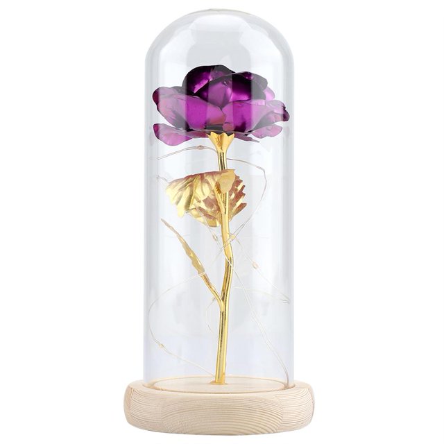 Noref Preserved Rose Flower LED Light with Glass Cover & Wooden Base Valentines'Day Wedding Gift