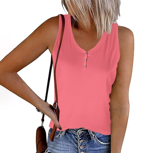 QUINDOS Tank Tops for Women Pink Summer Workout Striped Round Neck Button Elastic Tank Tops Womens Camisoles 2025