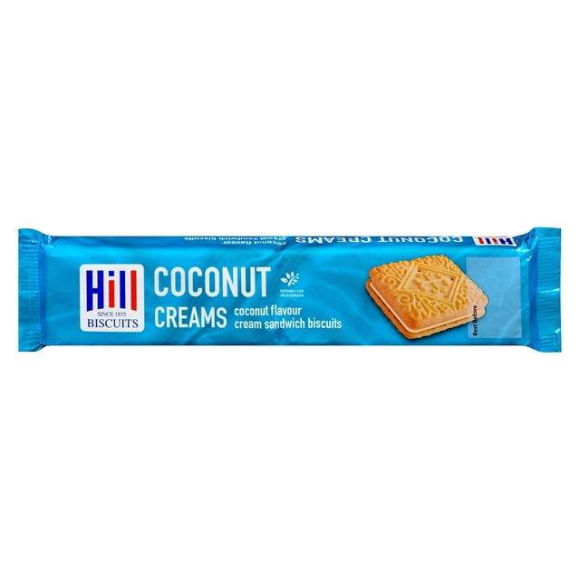 Hill's Biscuits à la Crème de Noix de Coco dans un Emballage Bleu Mettant en Vedette le logo de Hill's et un Texte Décrivant des Biscuits shortcake sandwich à la Crème Saveur Noix de Coco, avec une image de Deux Biscuits Gaufrés Remplis de Crème de Noix de Coco, Idéal pour les Collations de l'Heure du Thé.