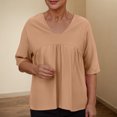 thumbnail image 2 of Liquidation d'Économies! Hauts pour Femmes Grande Taille, Blouse d'Été à Manches Courtes pour Femmes, Chemisiers Unis pour Femmes Raglan à Manches Mi-Longues à Col en V Patchwork Haut Plissé, 2 of 5