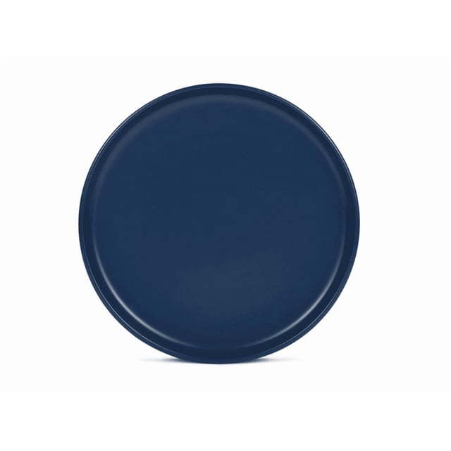 Mainstays Alessandra Matte Blue Stoneware Salad Plate measuring 7.6 inches in diameter, shown from a top-down centered view with a smooth matte blue finish and raised rim, made of durable stoneware that is microwave and dishwasher safe, suitable for salads or small servings and often used as a compact serving tray.