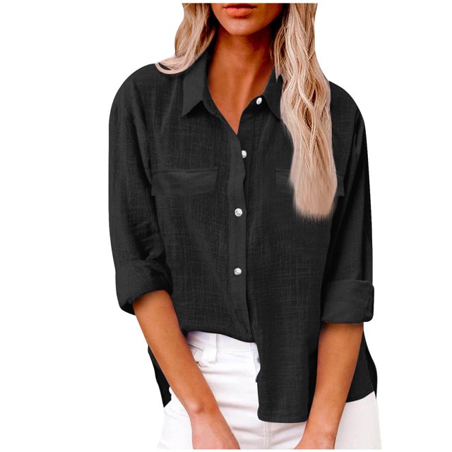 QIPOPIQ Chemise en Bambou Coton Lin Col en V Boutonnée Manches Longues/en Rouleau Blouse de Travail Décontractée à Col en Solde