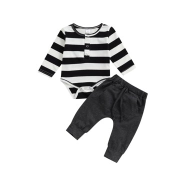 Xingqing Infant Baby Boy Clothes Striped Long Sleeve Romper+Harem Pants Casual Outfits 2pcs Set Black Gray 3-6 Months