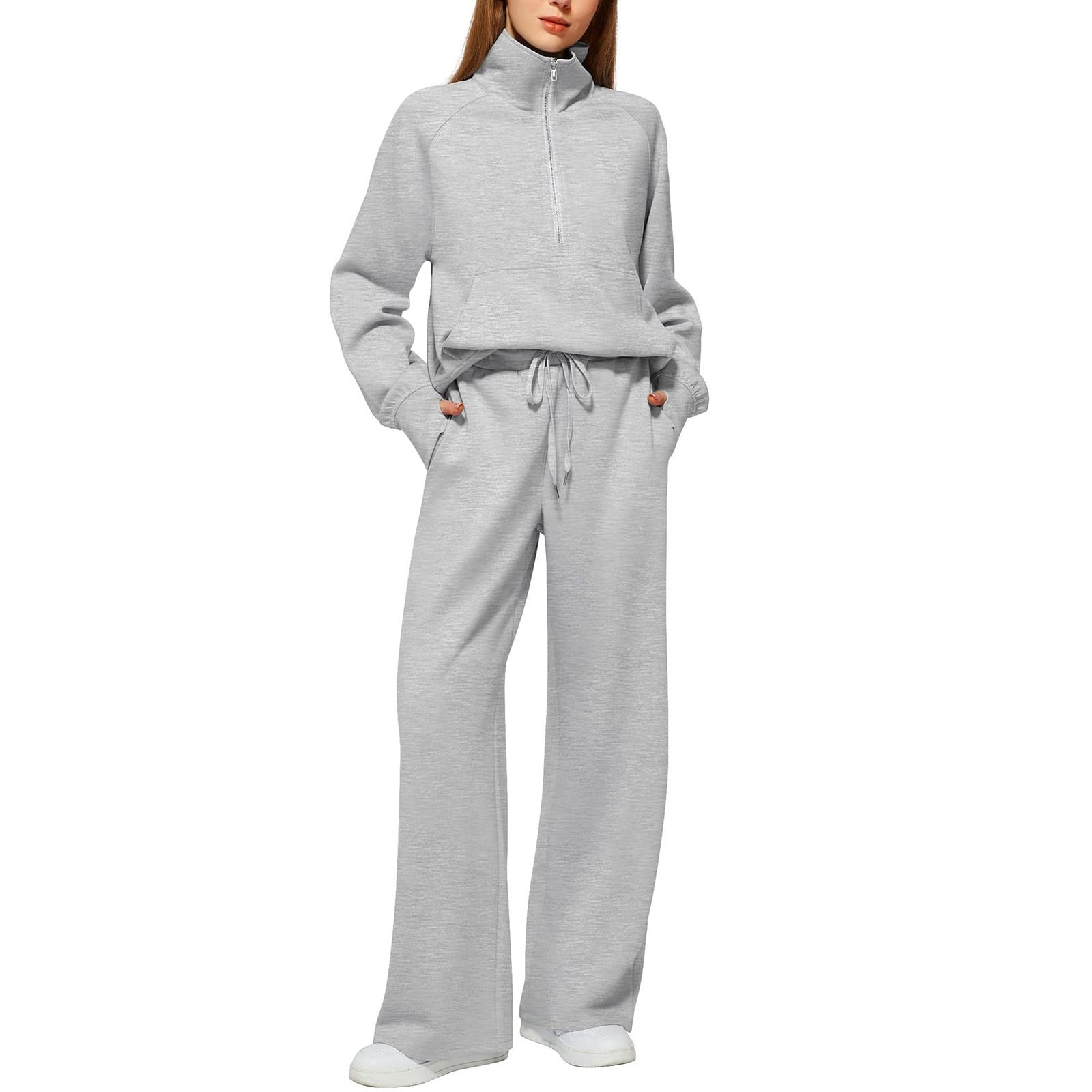 Women's Fall Matching Set - Half Zip Sweatshirt & Wide Leg Sweatpants - Casual Oversized Outfit S-XXL