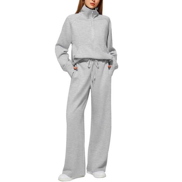 Women's Fall Matching Set - Half Zip Sweatshirt & Wide Leg Sweatpants - Casual Oversized Outfit S-XXL