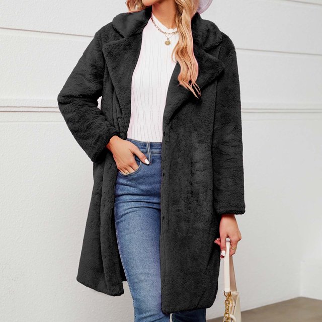 LSLJS Womens Ladies Warm Faux Furry Long Coat Jacket Winter Solid Turn Down Collar Outerwear