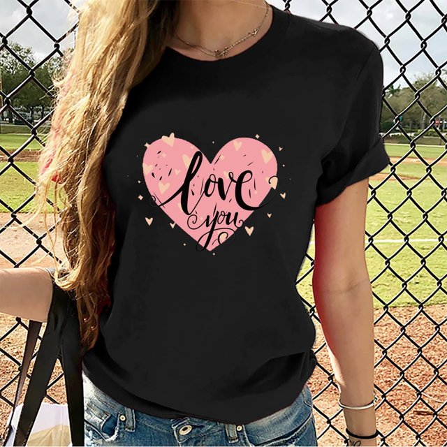 TIMIFIS T-Shirts pour Femmes de la Saint-Valentin Été Décontracté Manches Courtes Col Rond T-Shirts Mode T-Shirt Imprimé Cœur d'Amour