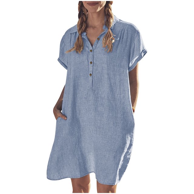 Babysbule Robe pour Femme Liquidation Mode Robe d'Été Décontractée en Coton Ample à Manches Courtes Unie Robe Chemise