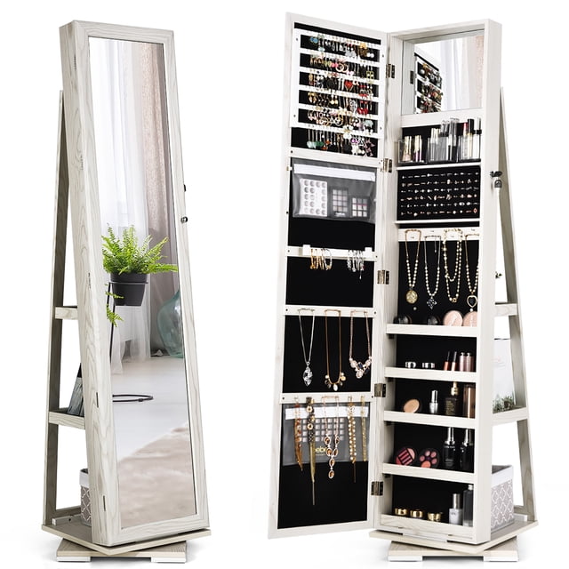 Costway 360degree Rotatable Jewelry Cabinet 2-in-1 Lockable Mirrored Organizer in white, featuring a full-length mirror and a 360-degree rotating base. The cabinet includes 120 earring slots, 54 earring holes, 78 ring slots, 24 necklace hooks, a bracelet bar, 5 storage racks, 2 dustproof storage pockets, and 3 acrylic storage boxes. Made of durable P2 MDF with a soft velvet interior to protect jewelry. The lockable design ensures security, and the back features three-tier shelves for additional storage. Ideal for organizing jewelry and cosmetics.