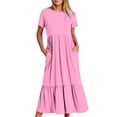 thumbnail image 1 of Penkiiy Robe T-Shirt d'Été Décontractée pour Femme à Manches Courtes, Col Ras du Cou, Basique Évasée, Fluide, Plage, Vacances, 2TG, Rose Vif, 1 of 5
