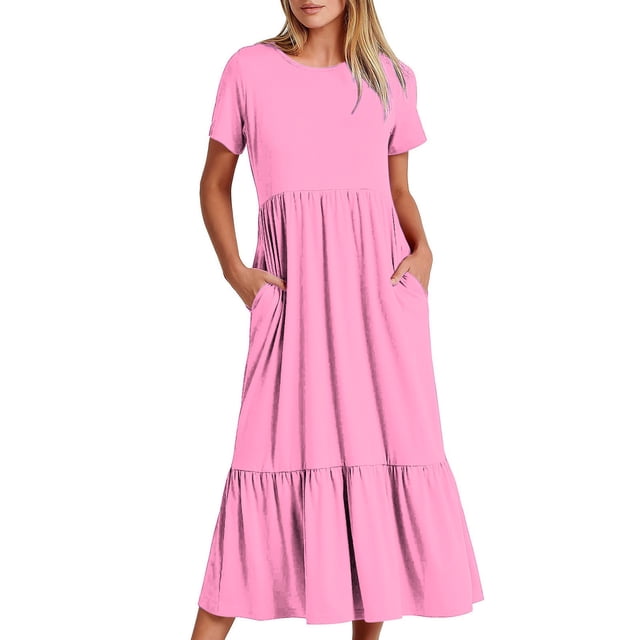 Penkiiy Robe T-Shirt d'Été Décontractée pour Femme à Manches Courtes, Col Ras du Cou, Basique Évasée, Fluide, Plage, Vacances, 2TG, Rose Vif