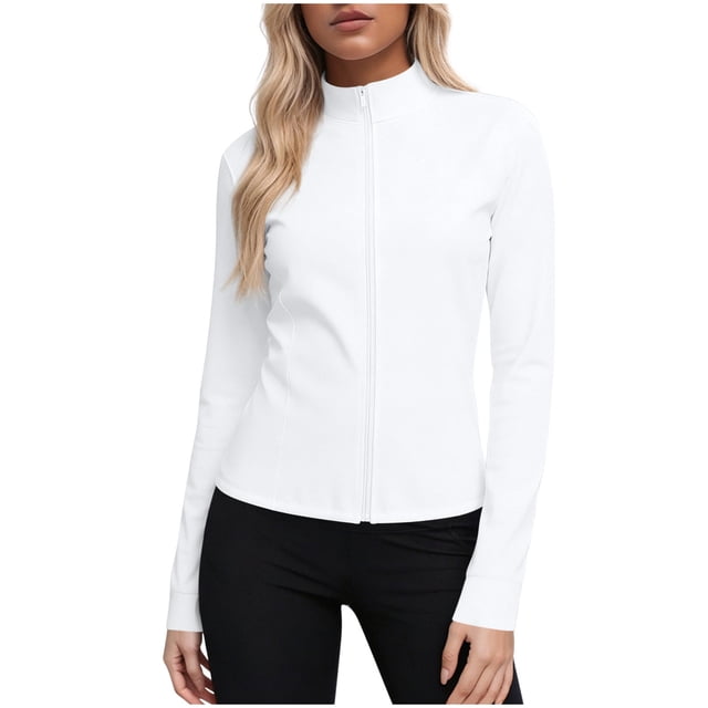 Craaazy Women's Solid Color Zipper Stand Collar Sun Protection Long Sleeve Sports Workout Tops Gifts