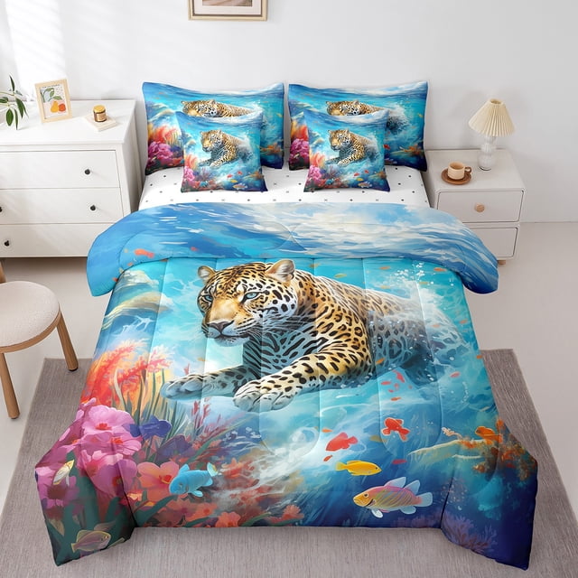 YST Leopard Cheetah Bedding Set, Sea Marine Themed Comforter, 7-Piece, Queen