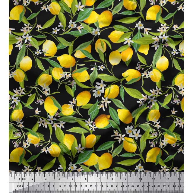 Soimoi Polyester Crepe Fabric Leaves,Floral & Lemon Vegetable Print Sewing Fabric Yard 52 Inch Wide