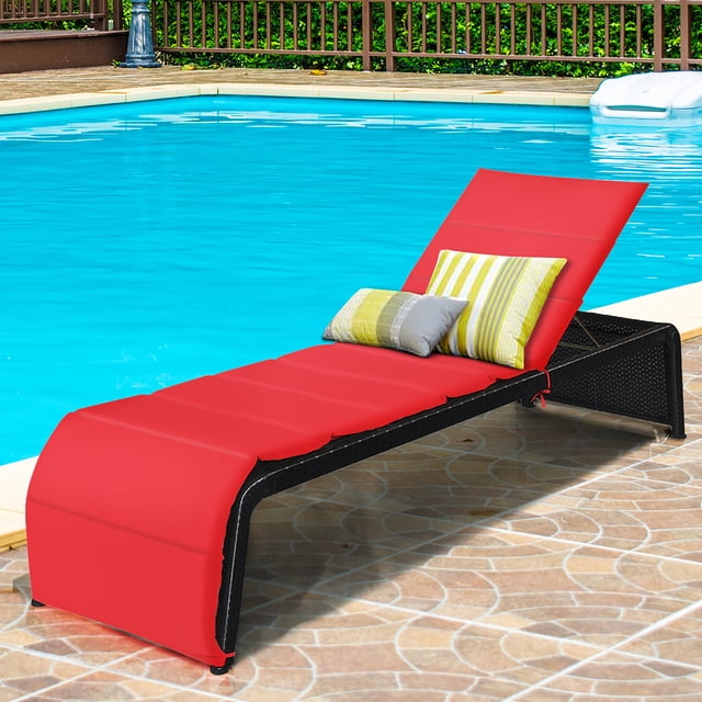 Costway Chaise Longue Inclinable en Rotin pour Patio, Dossier Réglable, Coussinée, Jardin, Rouge