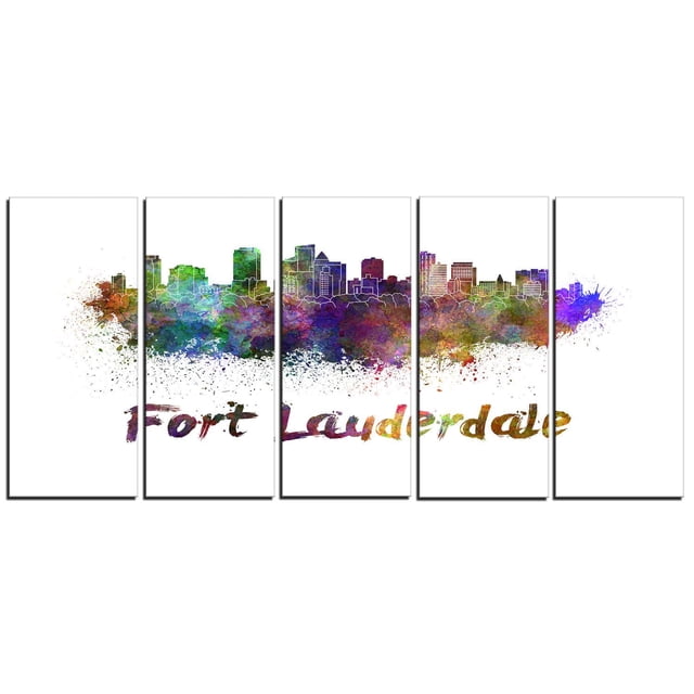 Design Art Fort Lauderdale Skyline Canvas Print featuring a five-panel gallery wrapped cotton canvas with a colorful abstract watercolor cityscape of Fort Lauderdale skyline and the text 'Fort Lauderdale' beneath, printed with high-resolution giclée ink and ready to hang with included hardware.
