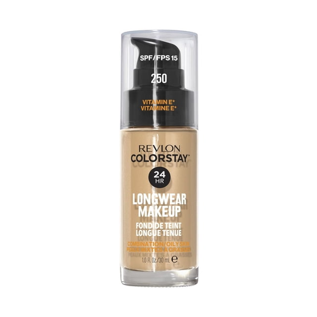 Revlon Colorstay™ Longwear Makeup Combo/Oily, 30mL pump bottle of beige liquid foundation with SPF 15 and Vitamin E antioxidant, designed for combination and oily skin, providing 24-hour wear with oil control and a matte, poreless finish.