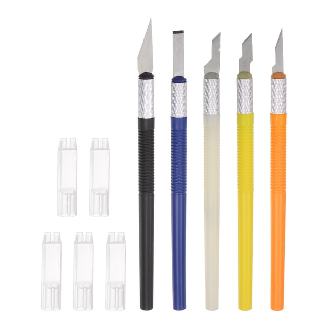 Unique Bargains 5 Packs Art Craft Knife Kit with five types of carbon steel blades and ergonomic plastic handles in black, blue, white, yellow, and orange. Includes safety caps and a plastic storage box for portability. Perfect for precision cutting in arts, crafts, scrapbooking, hobby projects, and as a versatile craft tool.