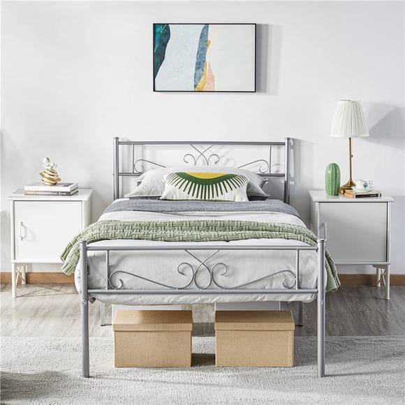 Fullfurnique Metal Platform Bed Frame with Scroll Headboard and Footboard, Twin, Silver