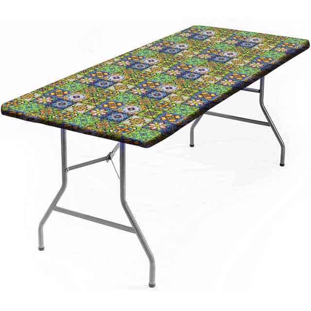 Boho Elastic Fitted Tablecloth, Flowers Rectangle Table Cover, Waterproof Table Cloth for Outdoor Picnic Camping Parties, 24x48 Inch