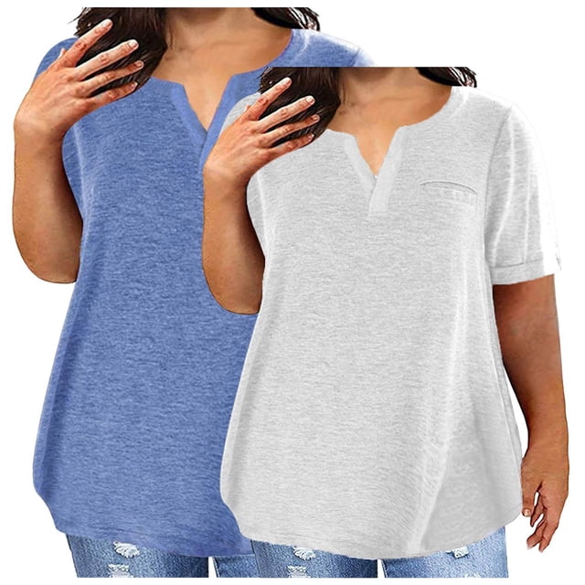 Babysbule T-Shirt Surdimensionné à Col en V pour Femmes 2 Pcs, Doux, Confortable, Blouse Décontractée, Haut d'Été Mode, Polyester