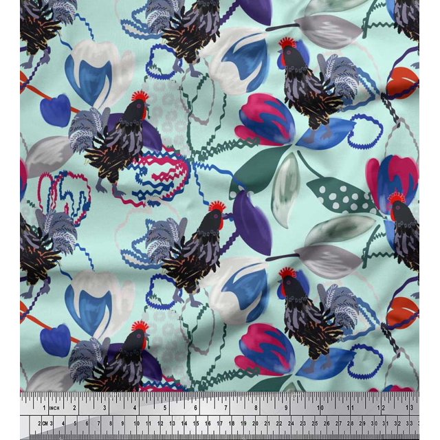 Soimoi Rayon Fabric Floral & Cock Watercolor Fabric Prints by Yard 56 Inch Wide