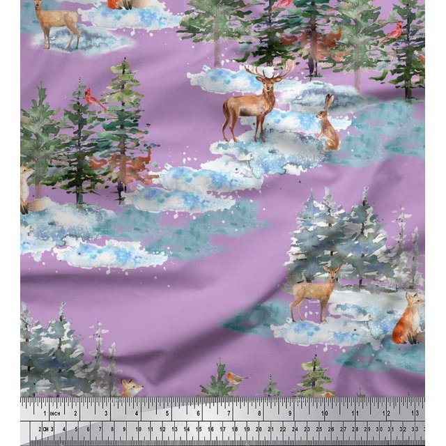 Soimoi Purple Cotton Poplin Fabric Animals & Pine Tree Decor Fabric Printed Yard 42 Inch Wide