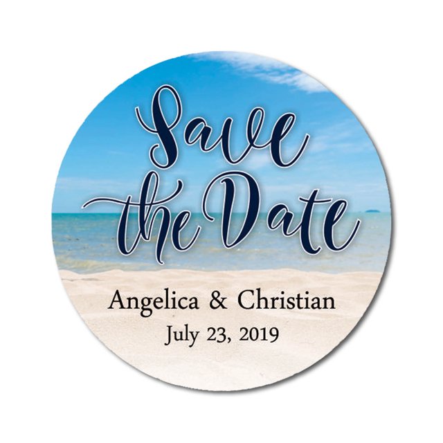 Darling Souvenir Round Beach Photo Save The Date Stickers Wedding Personalized Bride Groom Names And Date Envelope Seals 45 Pcs- Blue & Beige