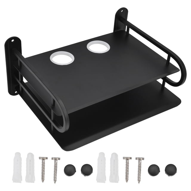 DVD Shelf, TV Box Shelf in black, made of durable space aluminum with a double-layer floating wall mount design. Features two round cable management holes with protective rings for organizing cables. Approximate dimensions are 28 x 26 x 21 cm (11 x 10.2 x 8.3 in) with a 6 cm (2.4 in) height between layers. Includes mounting accessories such as screws, rubber rings, and iron sheets. Suitable for wall mounting in bedrooms, offices, or living rooms, and ideal for holding routers, modems, DVD players, projectors, or set-top boxes.
