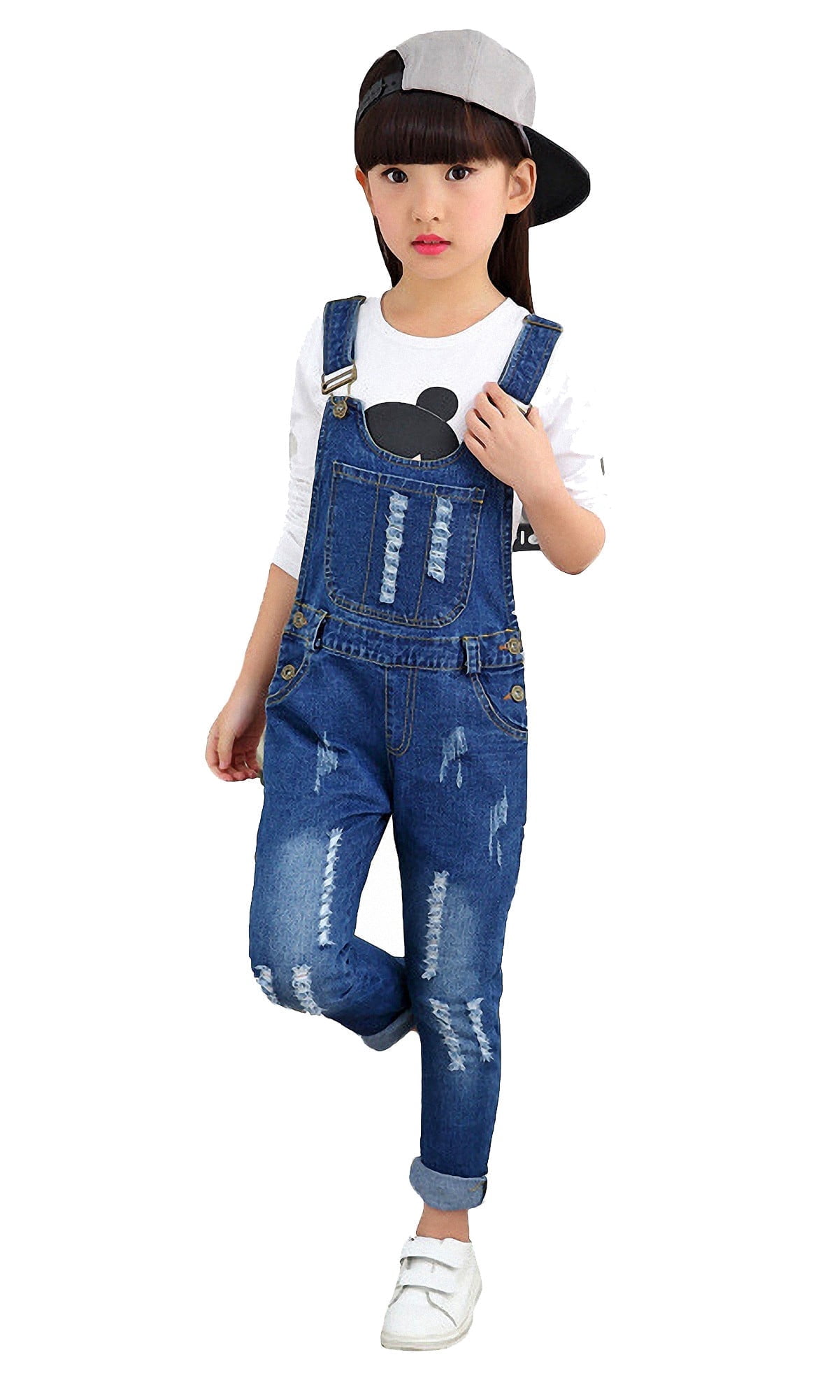 KIDSCOOL SPACE Girls Washed Distressed Denim Ripped Cotton Jean Overalls,12-13 Years