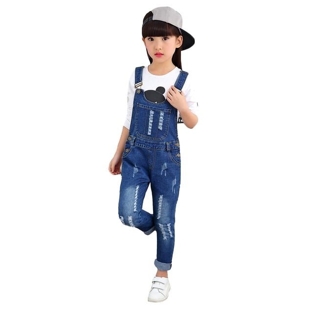 KIDSCOOL SPACE Girls Washed Distressed Denim Ripped Cotton Jean Overalls,12-13 Years