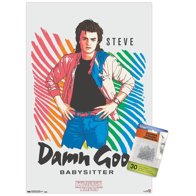 Netflix Stranger Things : Saison 2 - Affiche Murale de la Gardienne, 14,725 Po x 22,375 Po Présentant une illustration Graphique d'Une Personne Portant une Veste Rouge par-Dessus une Chemise Noire et des jeans Bleus avec un Tissu Bleu Drapé sur une Épaule, Debout avec les Mains sur les Hanches sur un Fond Rayé Coloré en Rouge, orange, Vert et Bleu. le Texte Comprend « Steve » au-Dessus et « Putain de Bonne Gardienne » en Dessous, avec le logo Stranger Things au Bas. Imprimé sur du Papier