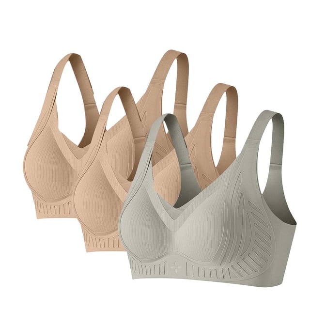 Amzcrzy 3PC Womens Bras Comfortable Supportive Lift Push up Bra Trendy Solid Color Ribbed Seamless T Shirt Bra 3XL