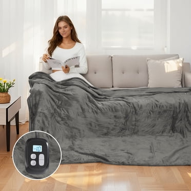 SUNNY HEAT Heated Electric Blanket Full Size 72"x84"Soft Flannel & Cotton, 10 Heating Levels & 1-12 Hours Auto Off, Light Grey
