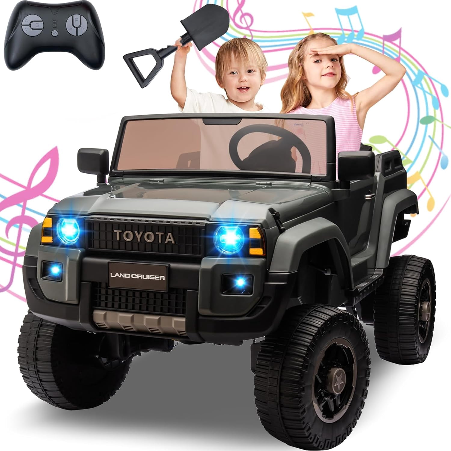 24V Ride On Toys Big - Licensed Toyota 2-Seater w/Remote Control, 4WD/2WD Switch, LED Lights, Bluetooth & Shovel - ASTM/CPSIA Certified Over 3 Years
