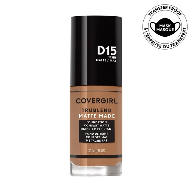 COVERGIRL Trublend Matte Made Foundation in shade D15, a 30 ml liquid foundation bottle with a black cap, offering a matte finish with pore minimizing and oil control properties, 12-hour transfer-resistant wear, and a comfortable, oil-free formula ideal for normal to oily skin.