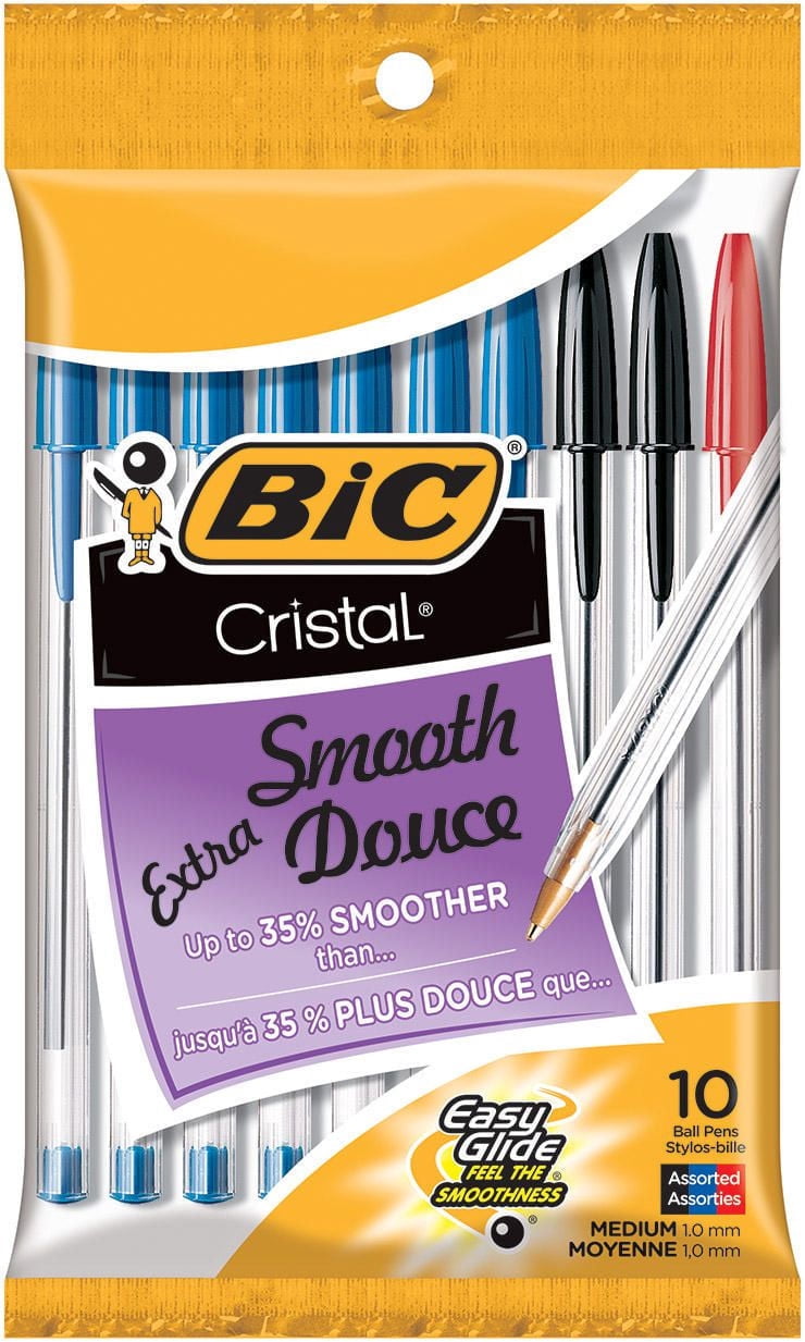 BIC Cristal Extra Smooth Assorted Ballpoint Pens, Medium Point (1.0mm), 10-Count Pack, Extra Smooth and Reliable Ballpoint Pens