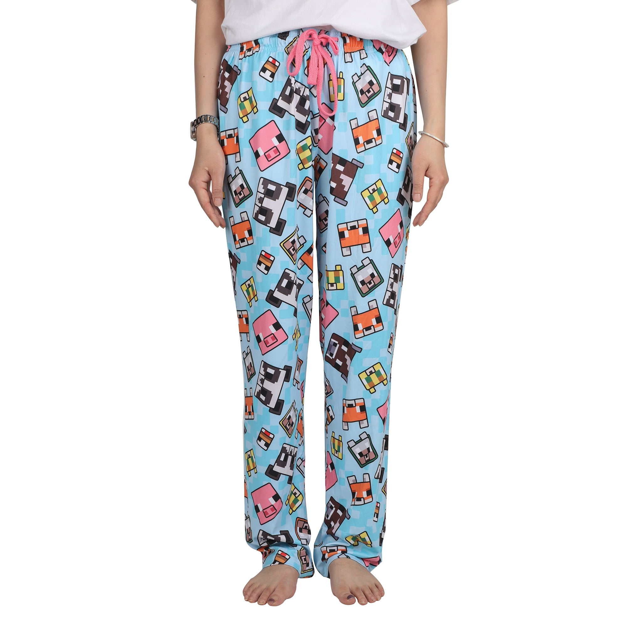 Minecraft Women's Chibi Animal Face Blocks AOP Pajama Lounge PJ Pants, Light Blue, X-Large