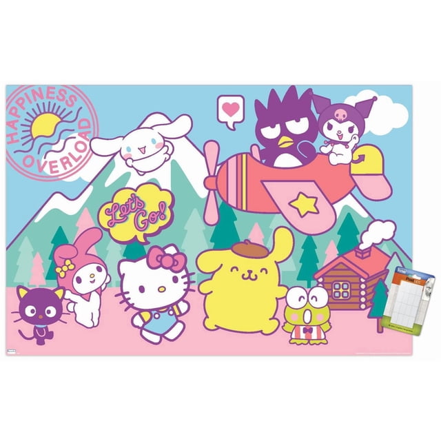 Hello Kitty and Friends - Happiness Overload Wall Poster, 14.725" x 22.375" framed, depicting Hello Kitty and friends in a colorful cartoon setting with pastel mountains, pine trees, a log cabin, and a pink airplane with characters flying. Includes a speech bubble saying 'Let's Go!' and a sun emblem with 'Happiness Overload'. Ideal for bedroom or office wall decor.