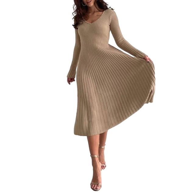 Xiaxaixu Robes d'Automne pour Femmes 2023, une Robe Chandail beige d'Automne et d'Hiver avec un design à Manches Longues, Col en V et texture en Tricot Côtelé. la Robe Mi-Longue Est Montrée comme Portée, Mettant en Valeur Sa silhouette Fluide et Sa Couleur Unie. Fabriquée en 65 % Coton et 35 % polyester, Elle Convient aux Sorties Décontractées, aux Fêtes et aux Événements Saisonniers.
