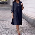 thumbnail image 2 of Ltctricy Robe Chemise pour Femme Grande Taille à Manches Longues, Col Ras du Cou, Demi-Boutonnage, Robe en Coton et Lin, Tunique, Robes Midi avec Poches (Marine, 3X-Grand), 2 of 7