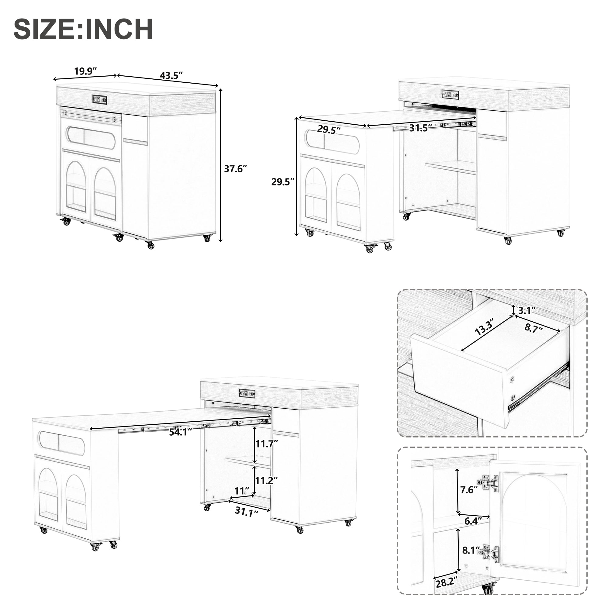 Table de salle à manger extensible Noble House TREXM avec plateau rabattable extra-long, îlot de cuisine roulant avec tiroirs (Noyer + Blanc crème)