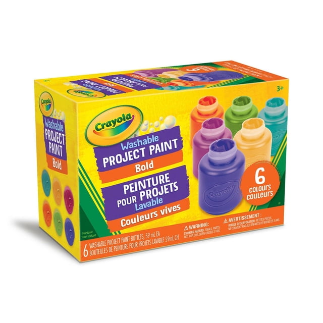 Washable Project Paint Bold 6ct by Crayola with six 59ml bottles in bold colours including yellow, green, yellow orange, red orange, fuchsia, teal, and blue violet, suitable for kids' art and school projects with smooth, creamy paint and resealable caps for easy cleanup.