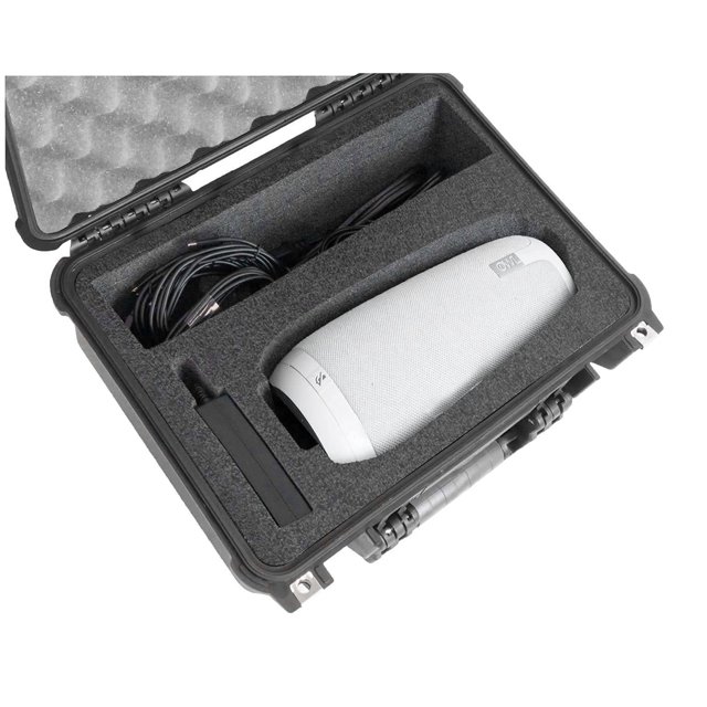 Case Club Meeting Owl (Standard or Pro) pre-cut heavy-duty waterproof case with a rugged black exterior and custom foam inserts securely holding a white Meeting Owl device, cables, and accessories. Ideal for protecting and organizing conference equipment during travel.