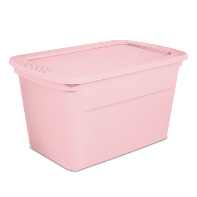 Sterilite 114 Liter Tote, Large Plastic Storage Bin with Snap-on Lid, Stackable, Pink