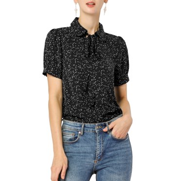 INSPIRE CHIC Women's Retro Print Short Sleeve Bow Tie Peter Pan Collar Chiffon Blouse M Black-Dots