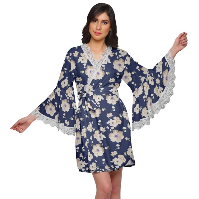 Moomaya Peignoir en Coton pour Femmes Robe de Chambre Imprimée Courte Peignoir de Douche Nuptiale