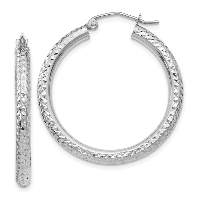 14K White Gold Diamond Cut 3mm Round Hoop Earrings