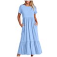 thumbnail image 1 of Penkiiy Robes Maxi pour Femmes 2024 Décontractées d'Été à Manches Courtes, Robe d'Été Ample Plissée à Étages Fluide de Plage avec Poches P Bleu Clair, 1 of 5