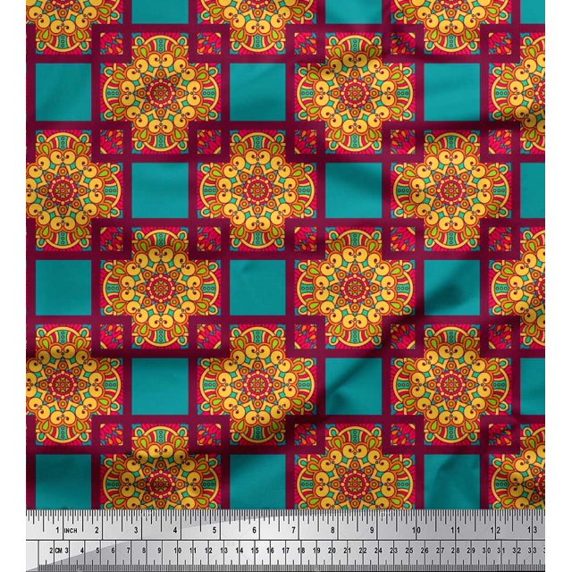 Soimoi Rayon Fabric Check & Mandala Decorative Printed Fabric 1 Yard 56 Inch Wide